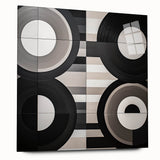 Abstract geometric acrylic glass artwork showcasing vibrant colors and intricate patterns, viewed from the side, designed for modern home decor.