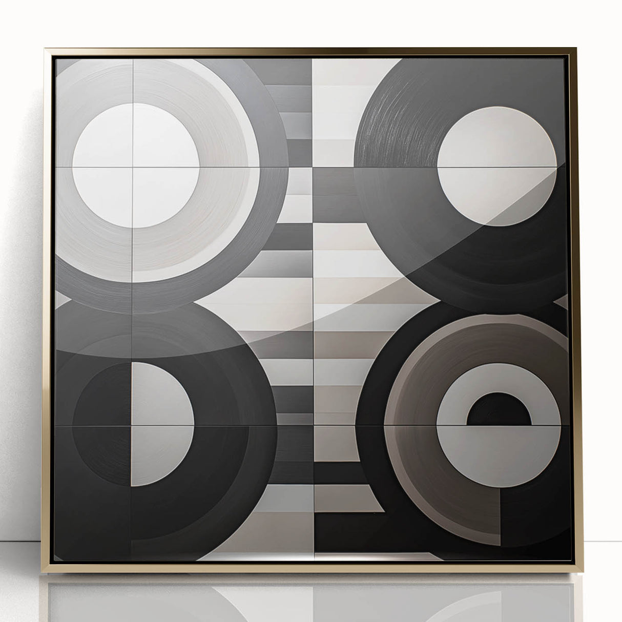 Framed abstract geometric wall art in gold and black, showcasing intricate shapes and modern design, perfect for contemporary home decor and artistic expression.