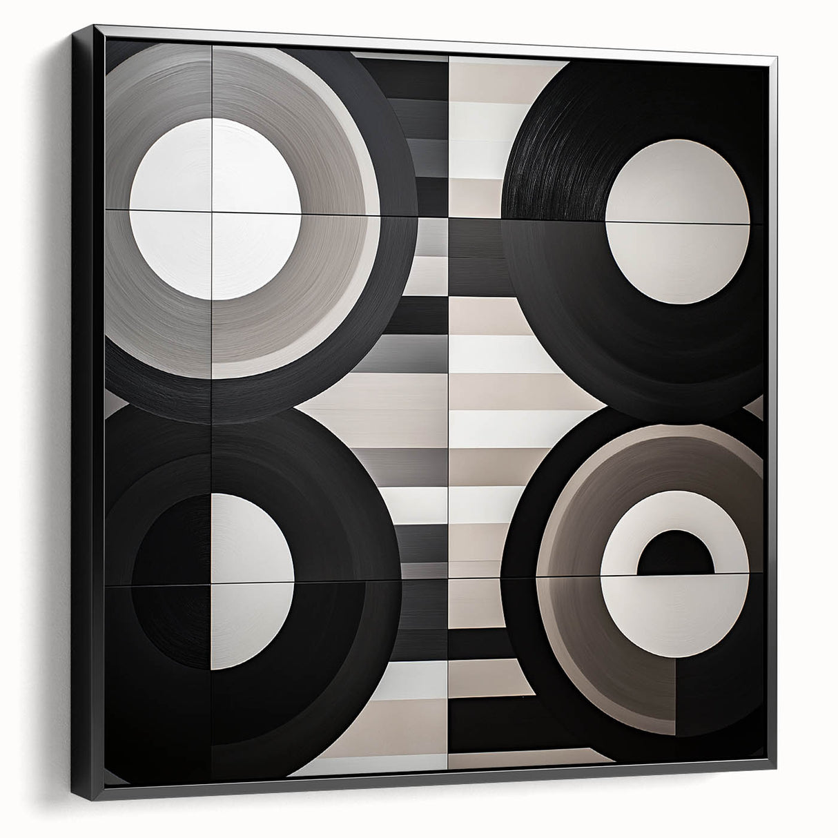 Abstract geometric framed canvas artwork showcasing a modern black design, elegantly displayed from a side view, ideal for contemporary home decor.