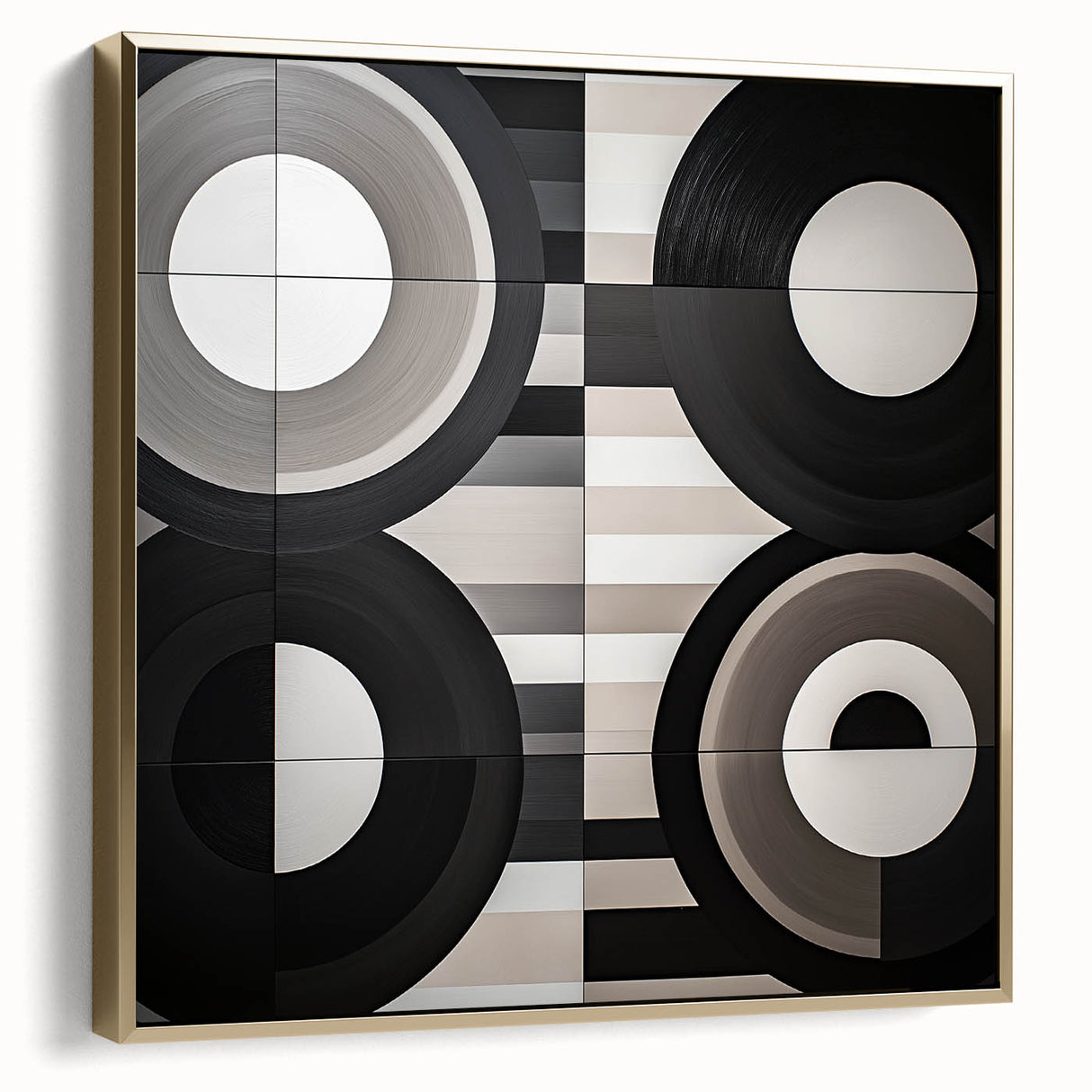 Abstract geometric framed canvas art in silver and gold tones, showcasing intricate shapes and patterns, ideal for modern home decor. Perfect for adding elegance to living spaces.