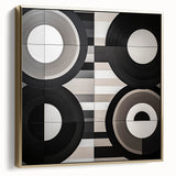 Abstract geometric framed canvas art in silver and gold tones, showcasing intricate shapes and patterns, ideal for modern home decor. Perfect for adding elegance to living spaces.