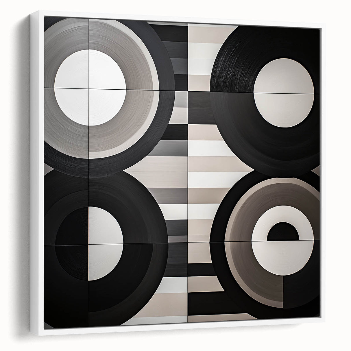 Abstract geometric framed canvas artwork showcasing a modern design with white and gray tones, ideal for contemporary home decor and artistic expression.
