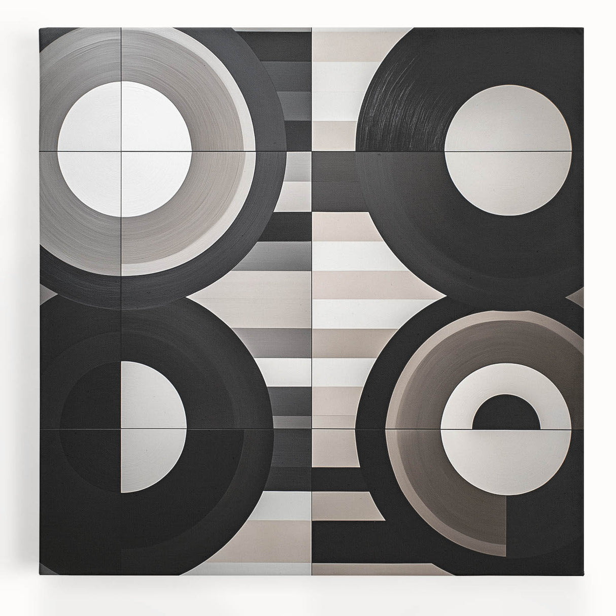 Abstract geometric stretched canvas artwork in vibrant colors, showcasing sharp lines and dynamic shapes, perfect for modern home decor or office spaces.