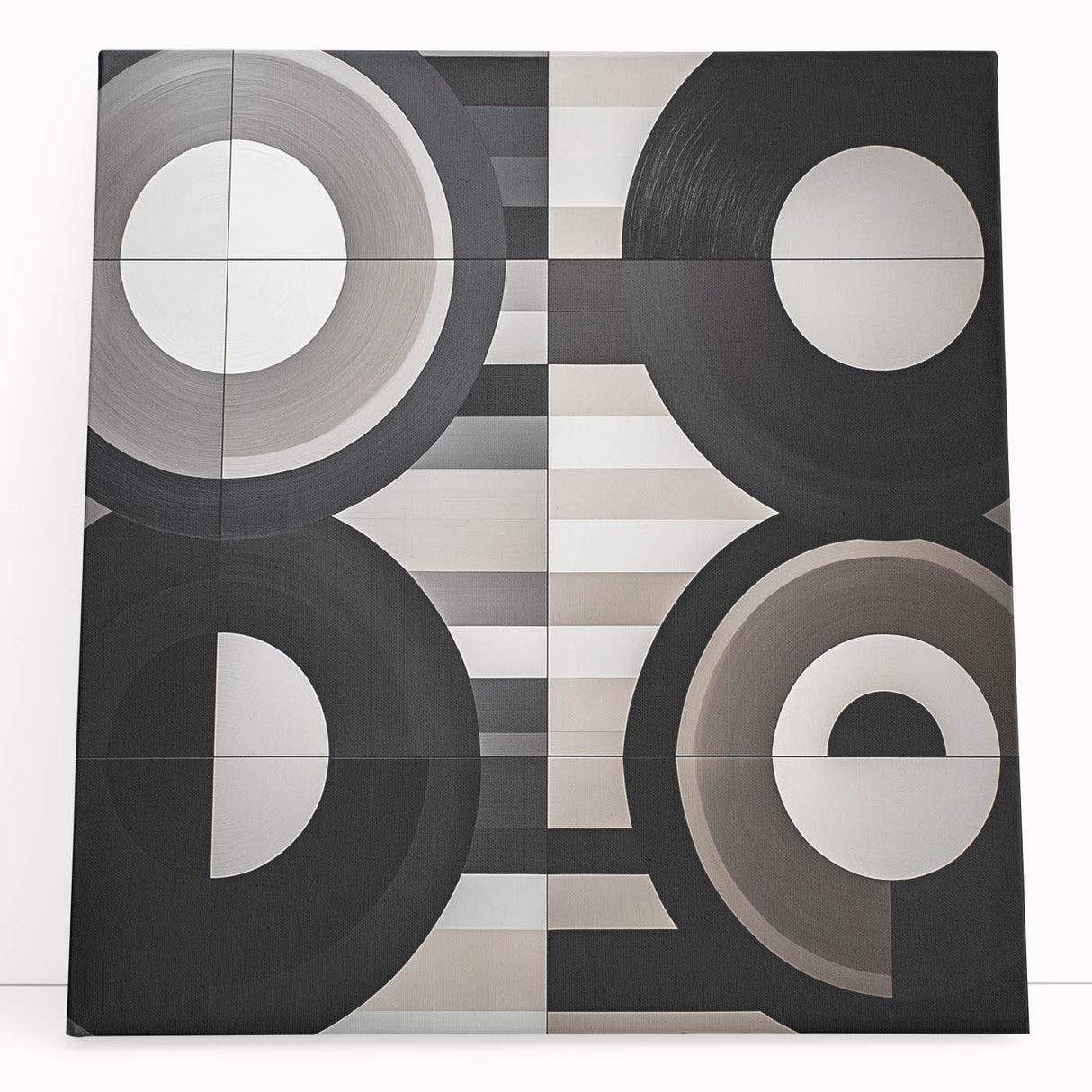 Abstract geometric stretched canvas art featuring vibrant colors and bold shapes, elegantly leaning against a wall, perfect for modern home decor.