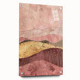 Abstract landscape wall art design displayed in a sleek acrylic glass frame, showcasing vibrant colors and textured details, ideal for modern home decor.