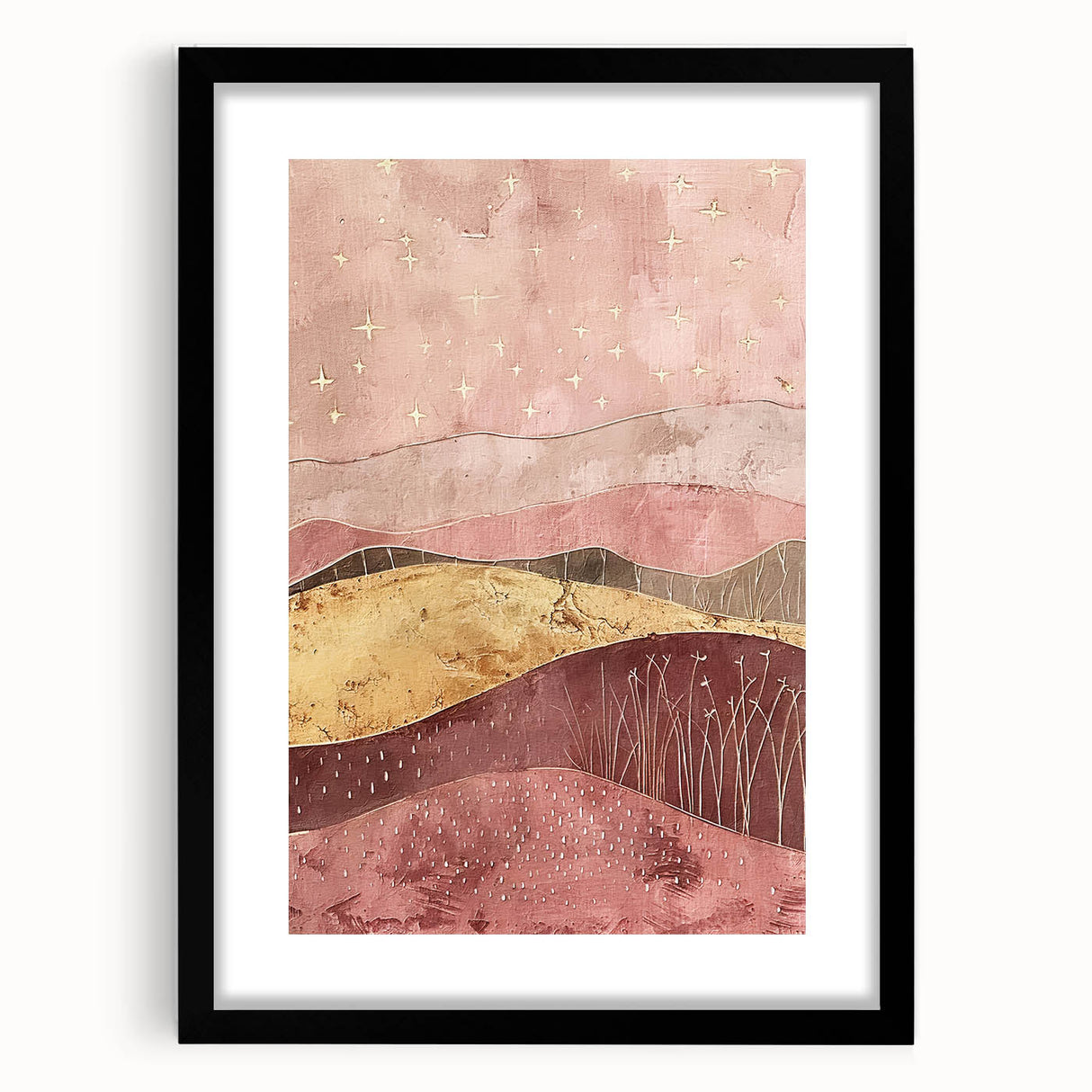 Abstract landscape wall art framed in a sleek black frame, featuring a vibrant mix of colors and textures, ideal for modern home decor. The piece adds a contemporary touch to any room, perfect for art enthusiasts and collectors.