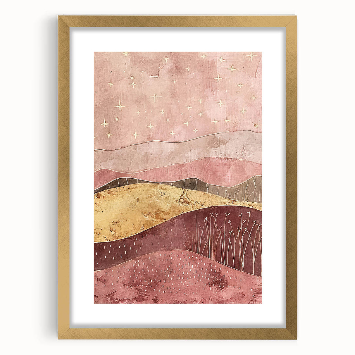 Abstract landscape wall art framed in gold, featuring vibrant colors and intricate designs, perfect for enhancing modern home decor.