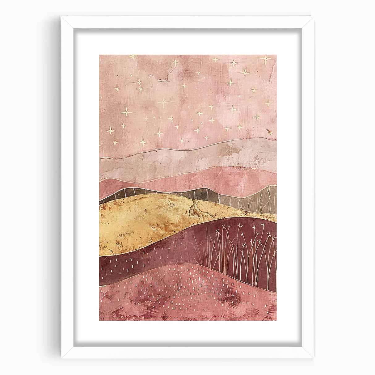 Abstract landscape wall art framed with a white mat, showcasing vibrant colors and fluid shapes, perfect for modern home decor. Ideal for enhancing interior aesthetics.