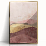 Framed acrylic wall art depicting an abstract landscape with gold accents, showcasing vibrant colors and modern design, perfect for contemporary home decor.