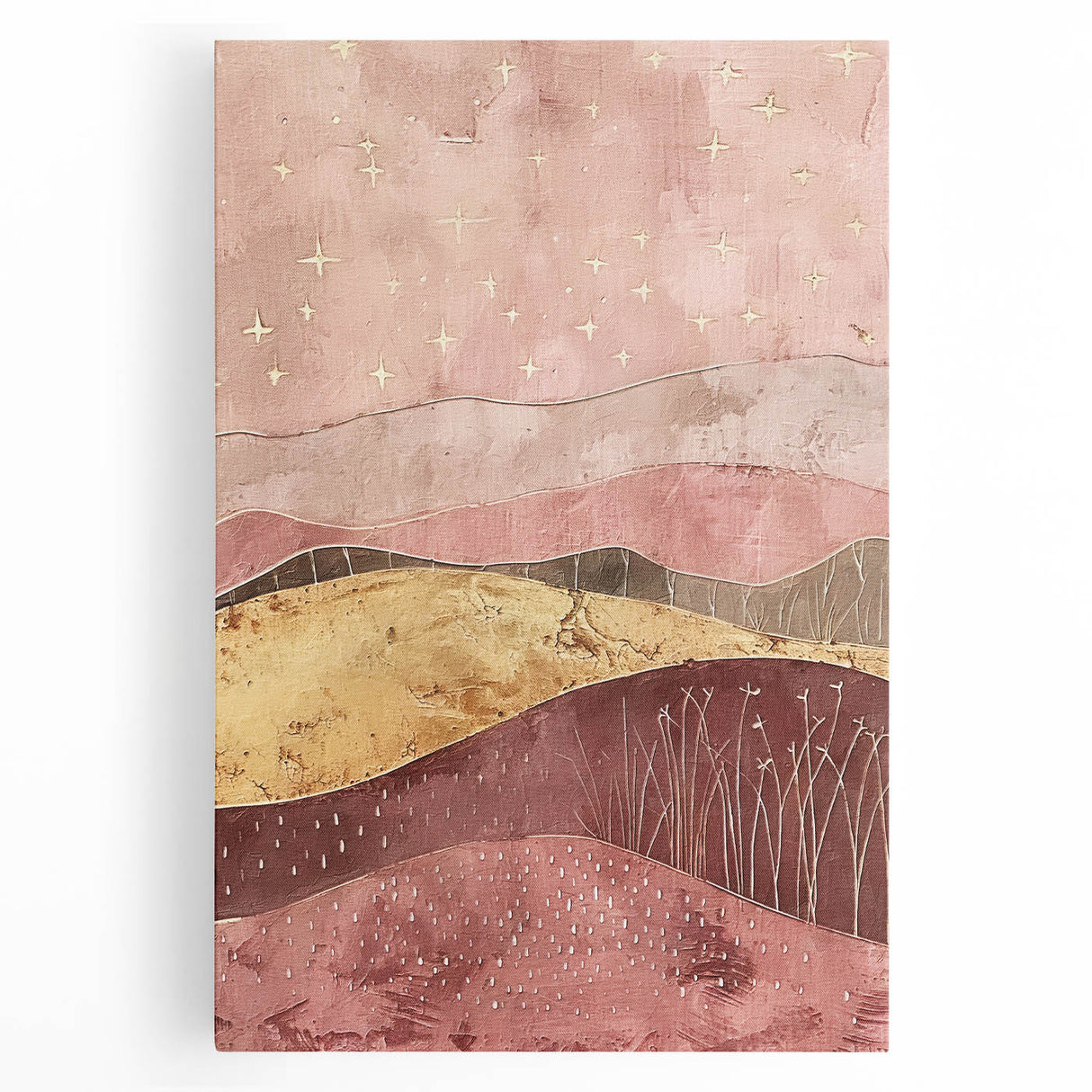Abstract landscape wall art on stretched canvas, showcasing vibrant colors and fluid shapes, ideal for modern home decor or artistic environments.