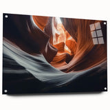 Acrylic glass artwork showcasing a stunning landscape of canyons, featuring a side view with pins for easy hanging. Perfect for home decor and nature enthusiasts.