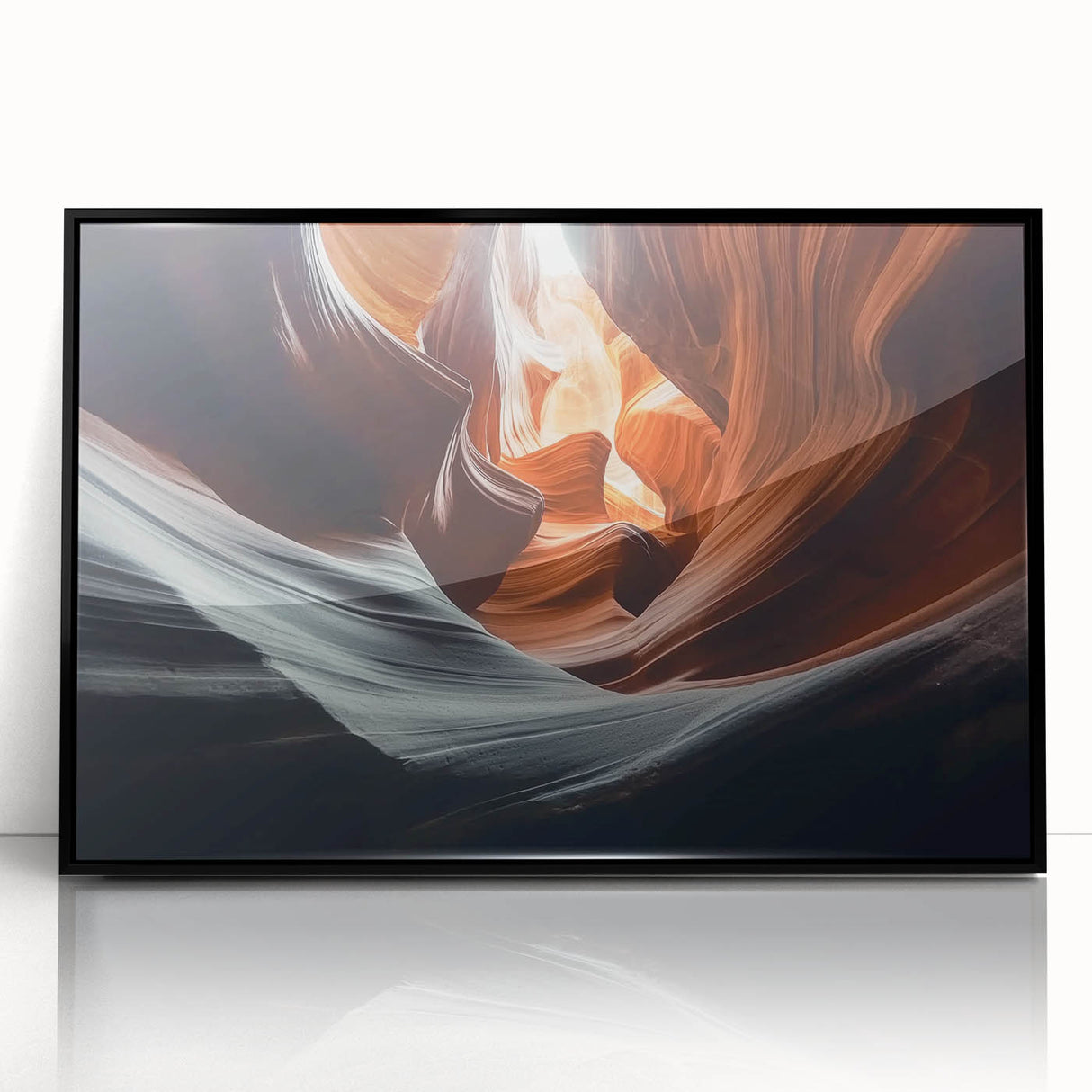 Framed acrylic landscape artwork showcasing dramatic canyons in rich earth tones, with a sleek black frame enhancing its modern aesthetics, ideal for home décor.