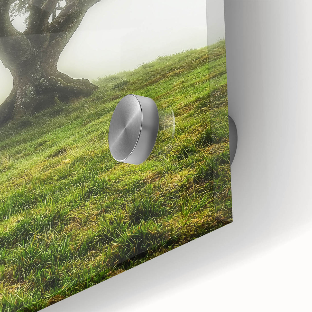 Close-up of a vibrant acrylic landscape artwork depicting a serene countryside scene, showcasing vivid colors and fine details, ideal for home decor.