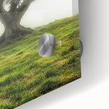 Close-up of a vibrant acrylic landscape artwork depicting a serene countryside scene, showcasing vivid colors and fine details, ideal for home decor.