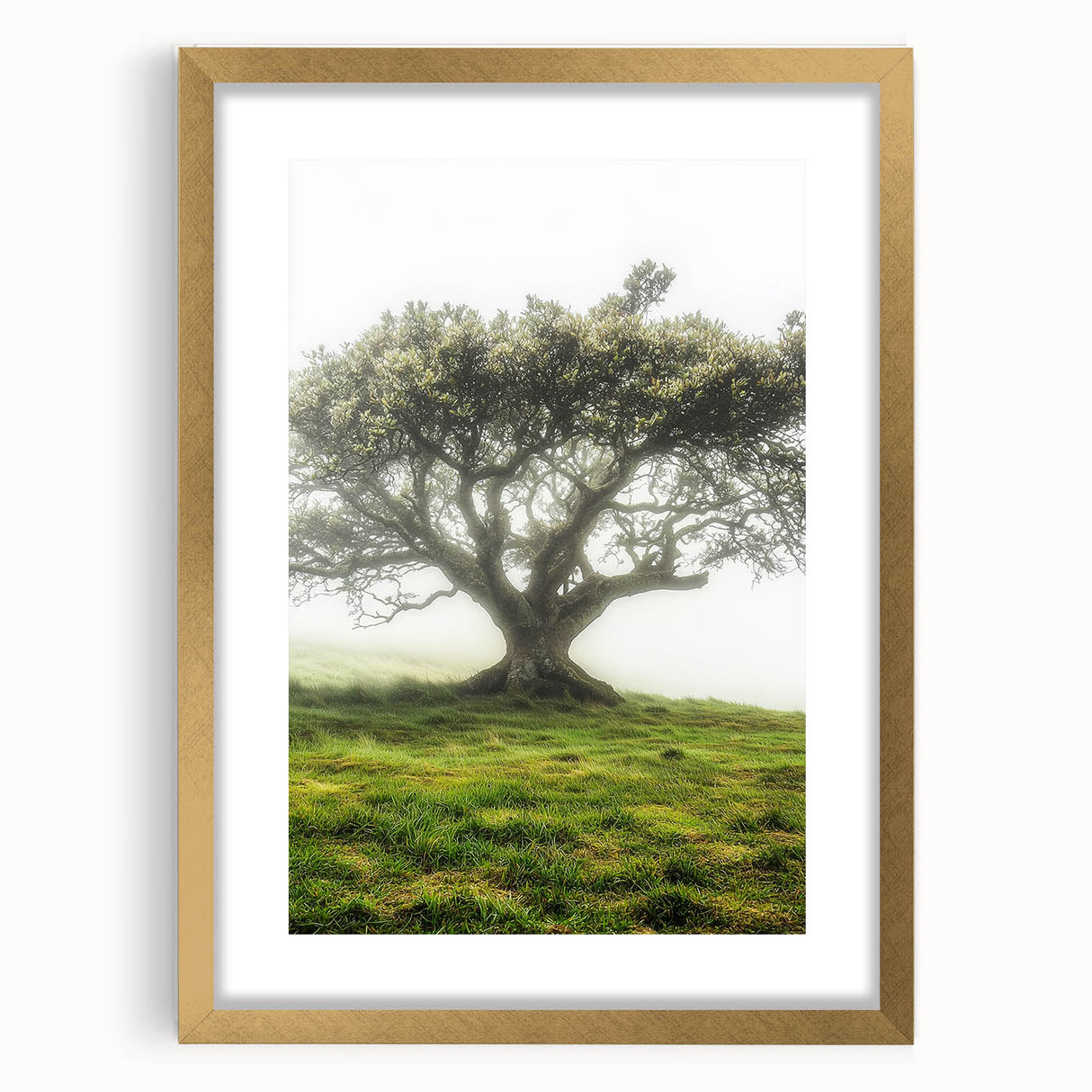 Gold-framed landscape art piece showcasing a serene countryside scene, featuring lush green fields and a clear blue sky, designed for elegant home decor.