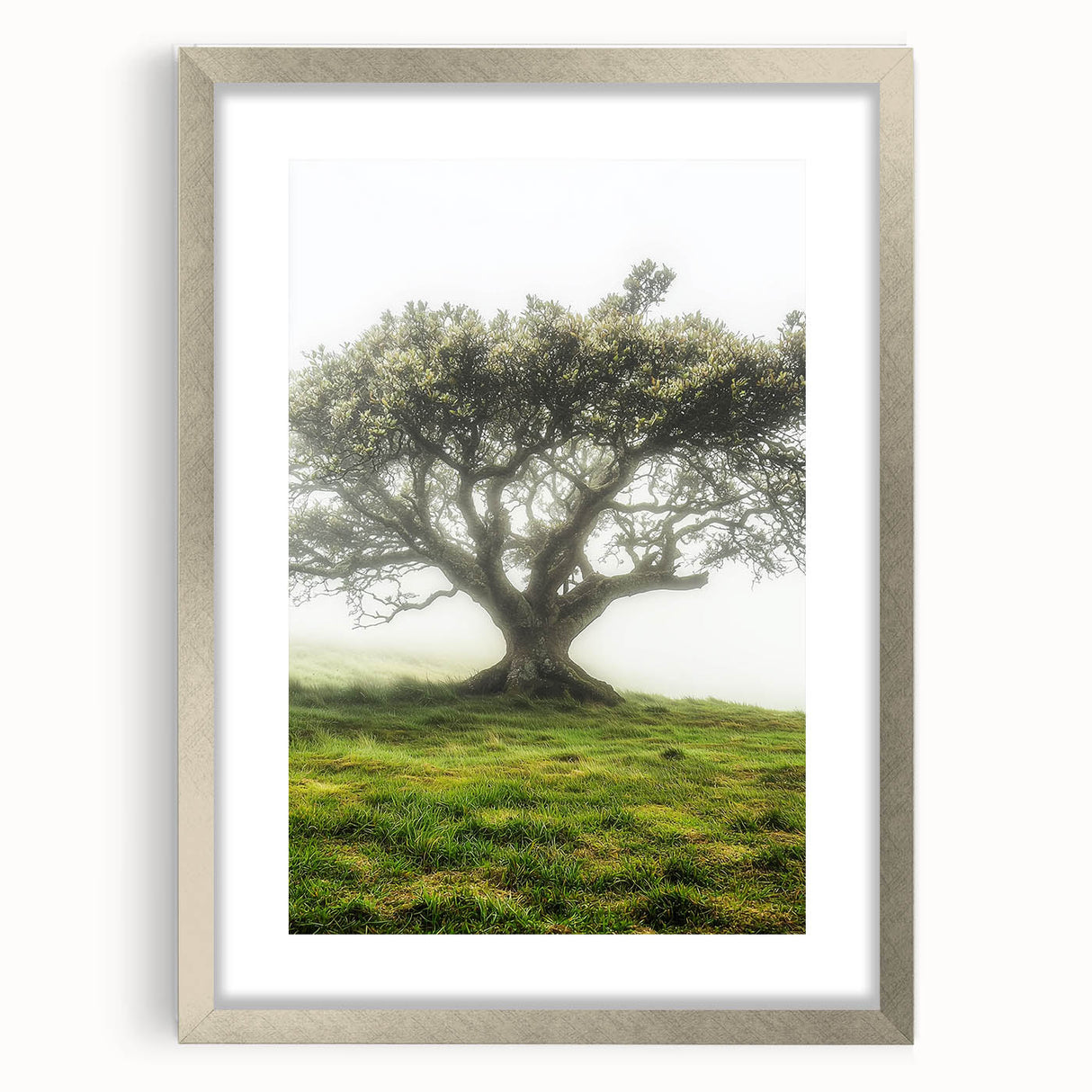 Silver-framed landscape art print featuring a serene countryside scene with vibrant green fields and a clear blue sky, elegantly matted for enhanced presentation. This piece adds a touch of nature-inspired elegance to any interior space.
