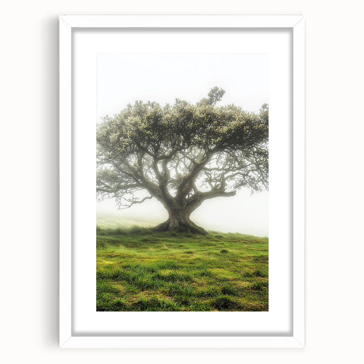 Framed landscape artwork showcasing a serene countryside scene with lush greenery and rolling hills, featuring a white mat border for an elegant presentation.