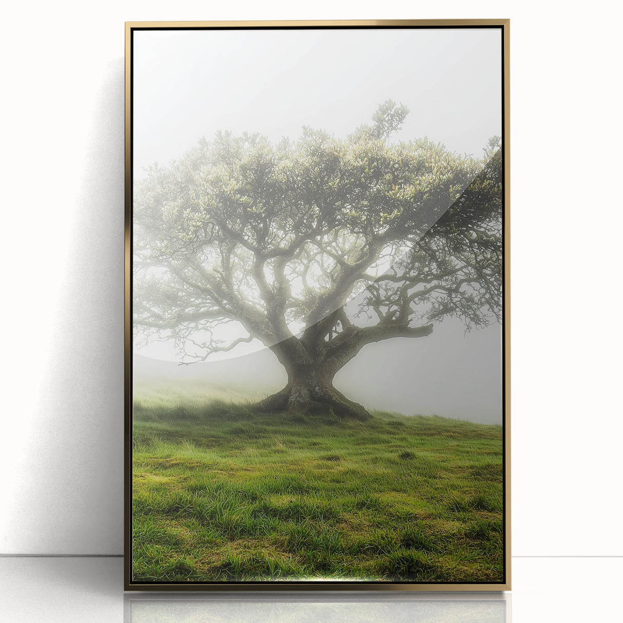 Framed acrylic print showcasing a picturesque countryside landscape with rolling hills and lush greenery, featuring a gold-accented frame to enhance home decor aesthetics.