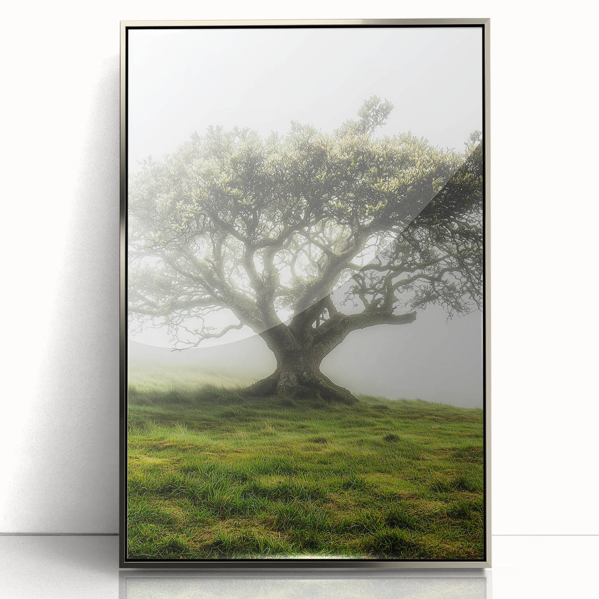 Framed acrylic artwork of serene countryside landscapes, showcasing vibrant greens and blues, with a sleek silver frame for an elegant touch. Perfect for home decor enhancement.