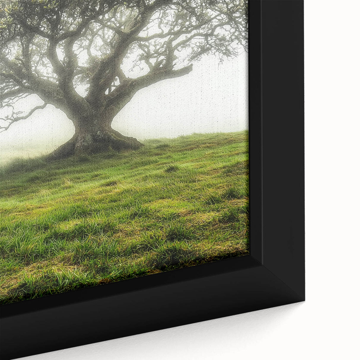 Close-up of a framed canvas artwork depicting serene countryside landscapes, showcasing vibrant greens and blues, perfect for enhancing home decor.
