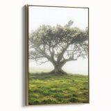 Framed canvas artwork depicting a serene countryside landscape with lush greenery and a golden frame. Ideal for enhancing home decor with nature-inspired aesthetics.