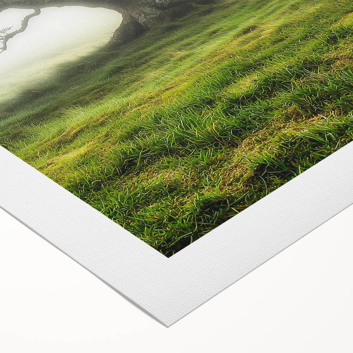 Vibrant rolled canvas artwork depicting a serene countryside landscape, showcasing lush greenery and rolling hills, perfect for home decoration or gifting.
