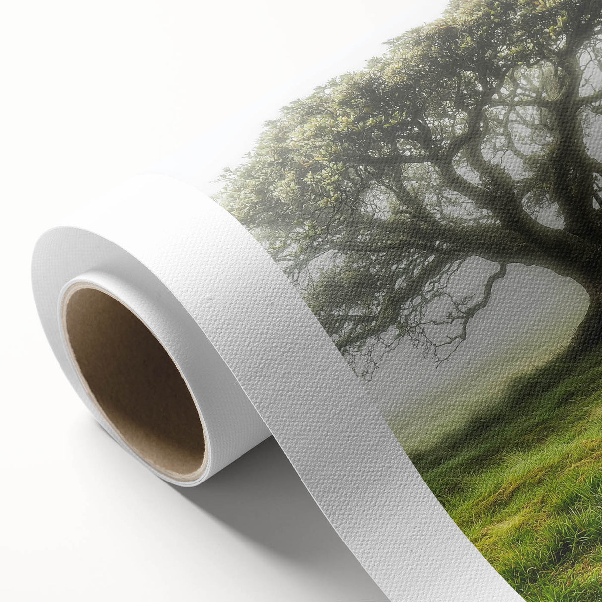Rolled canvas artwork depicting a serene countryside landscape with rolling hills, vibrant greenery, and a clear blue sky, showcasing nature's tranquility and beauty. Ideal for enhancing home decor with a touch of pastoral charm.