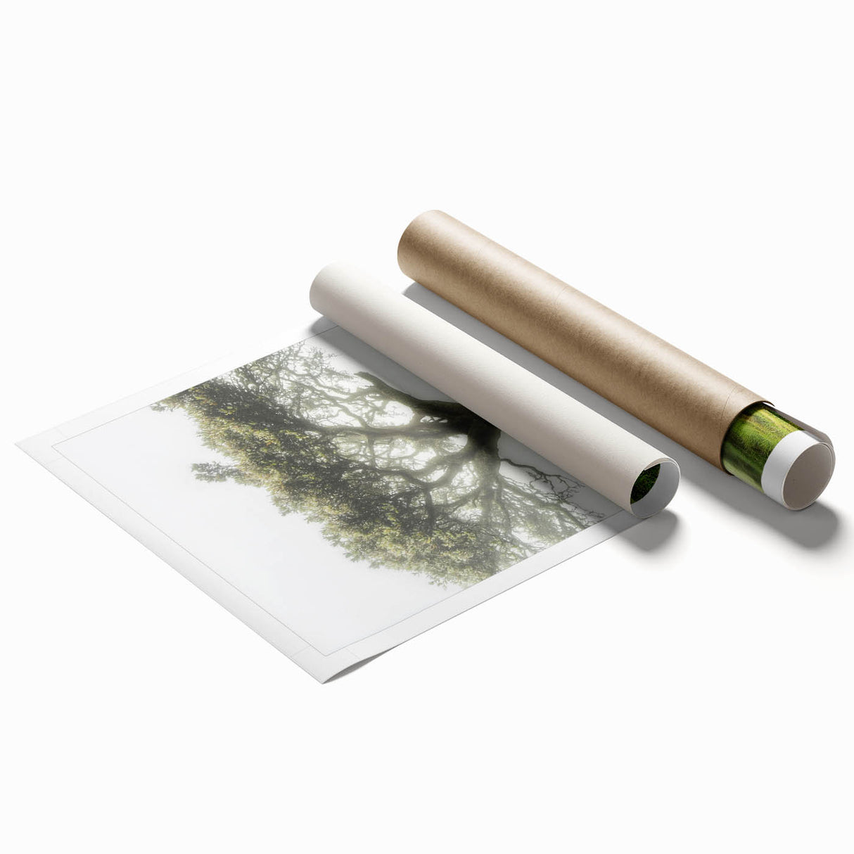 Scenic countryside landscape print showcasing vibrant green fields and rolling hills, elegantly rolled and ready for display, perfect for home decor enthusiasts.