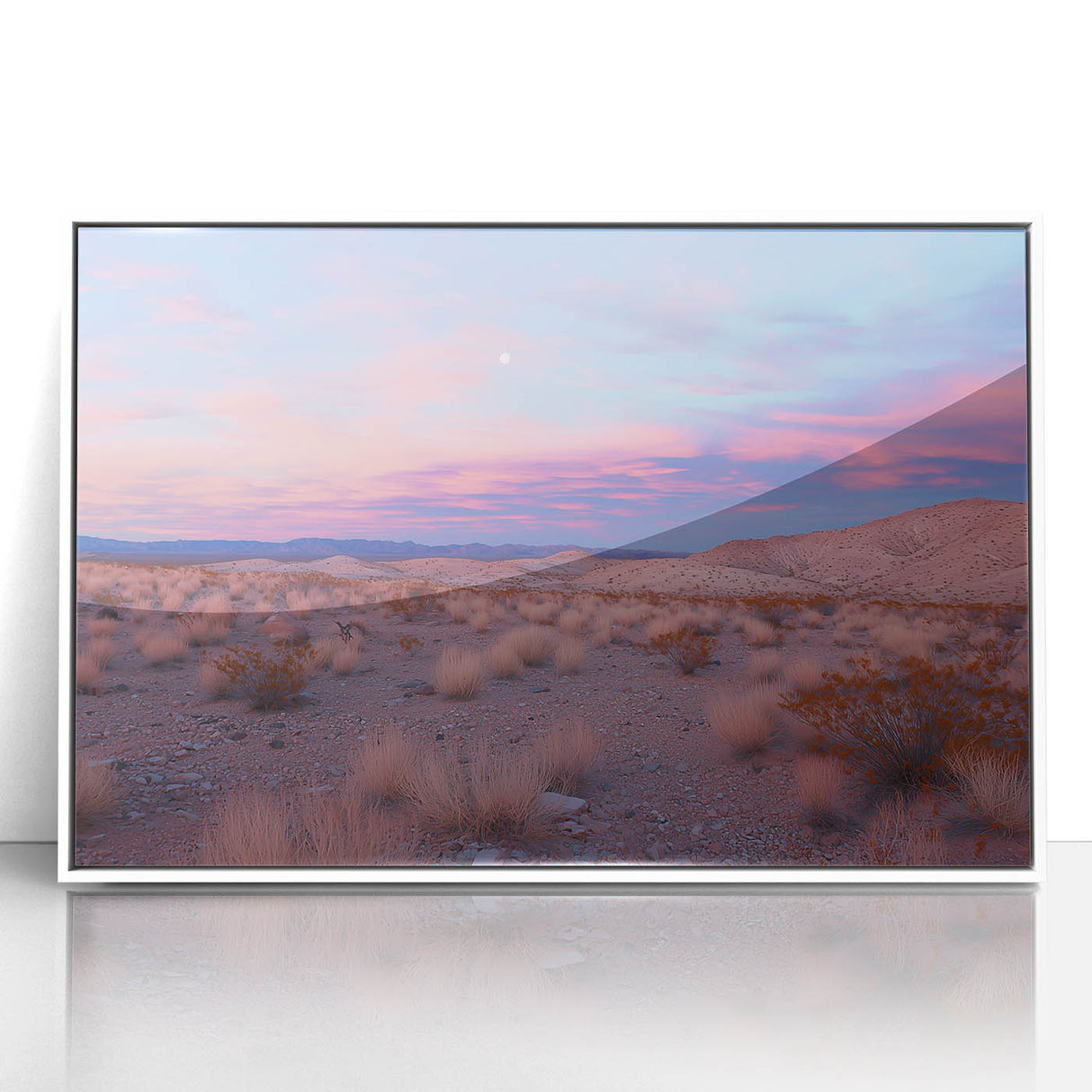 Framed acrylic artwork depicting a vibrant desert landscape, showcasing warm hues of orange and yellow with striking rock formations, perfect for home decor.