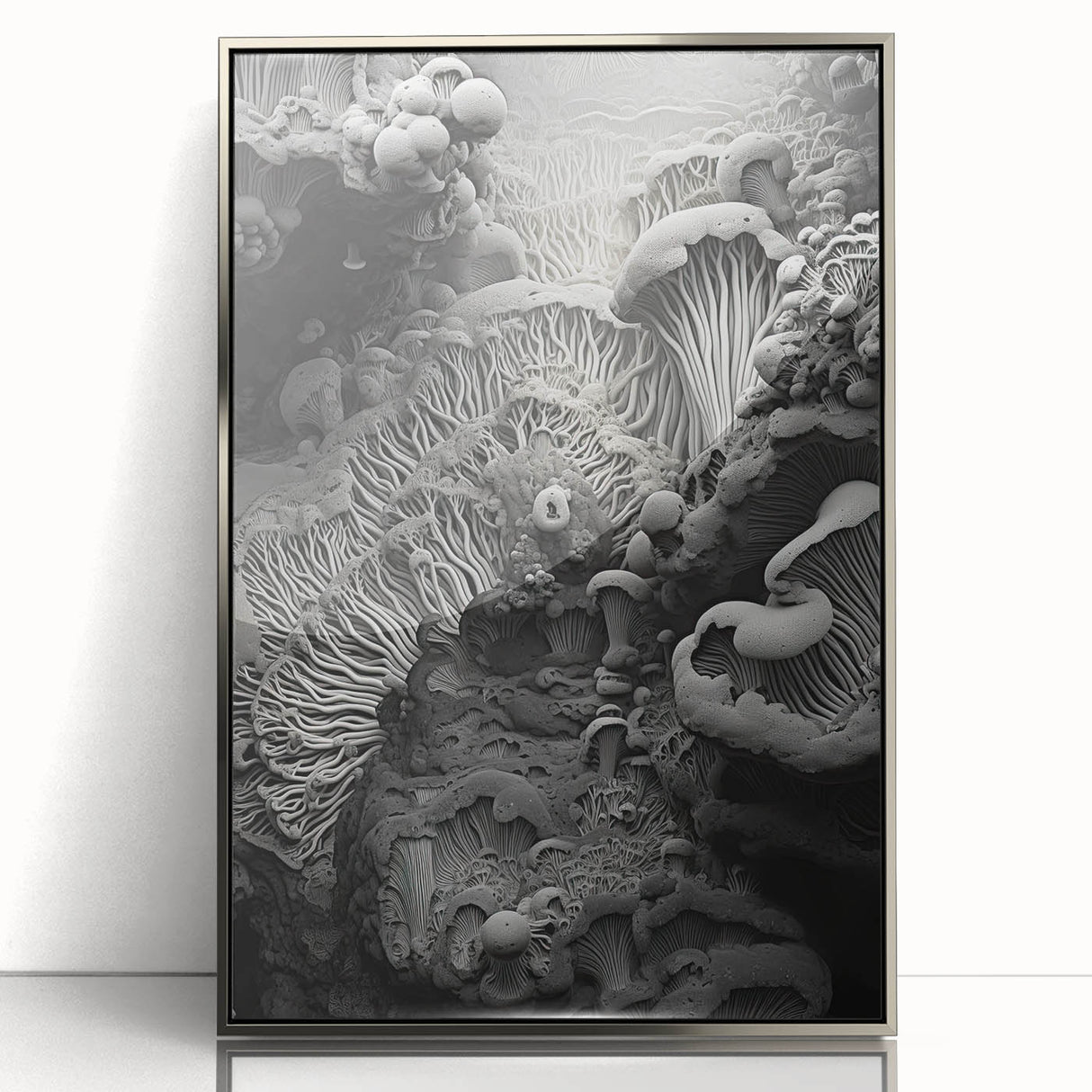 Mid-century modernist art featuring abstract shapes in muted gray and orange on a framed acrylic poster.