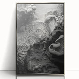 Mid-century modernist art featuring abstract shapes in muted gray and orange on a framed acrylic poster.