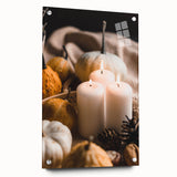 Large abstract wall art depicting fall seasons in muted orange and brown tones on acrylic glass.