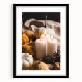 Abstract art print featuring textured, colorful autumn leaves in a large black frame, ideal for living room decor.