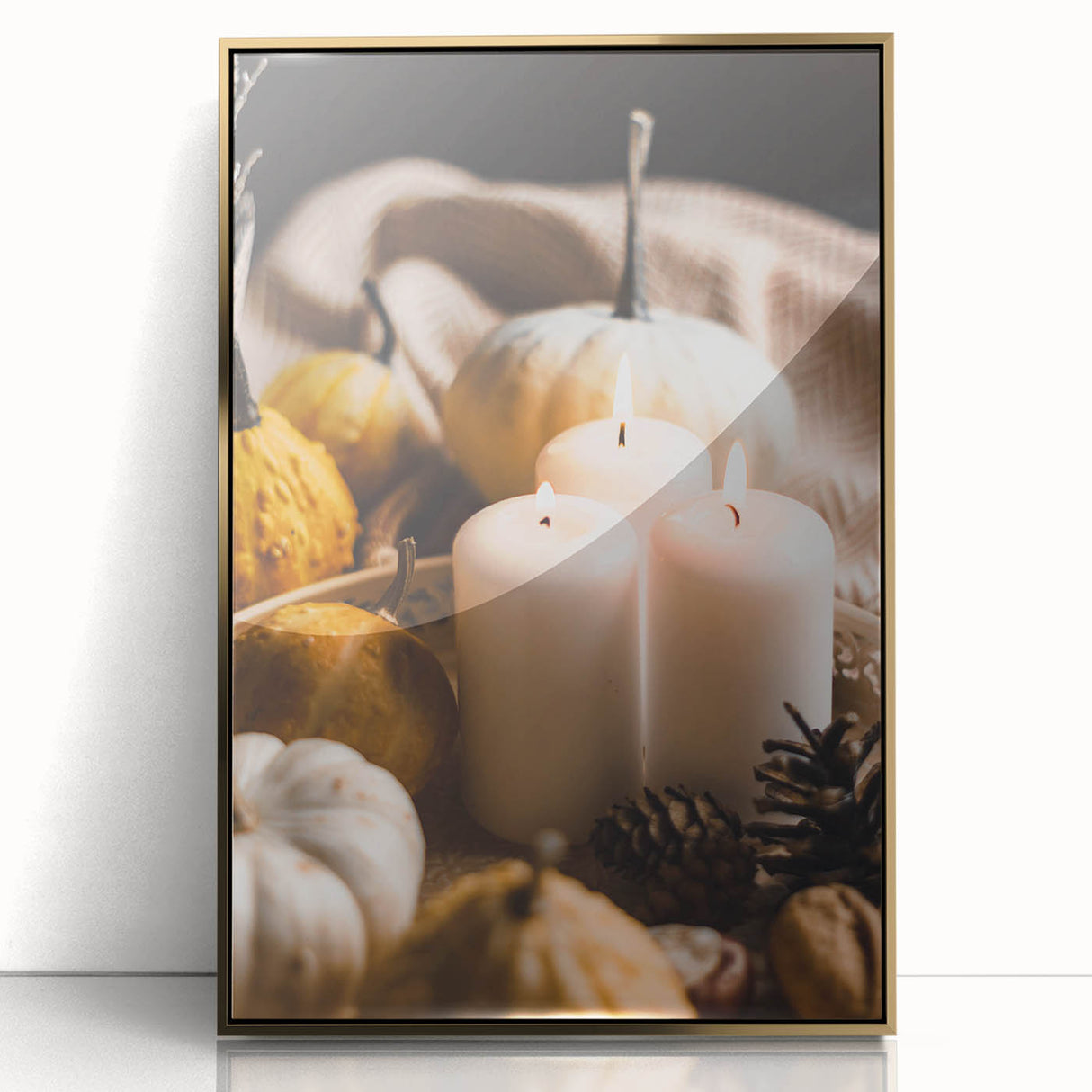 Large art print of a mid-century modernist autumn scene in gold and orange tones, framed acrylic.