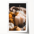 Extra large rolled print of autumnal trees in muted oranges and browns, suitable as art wall for dining room.