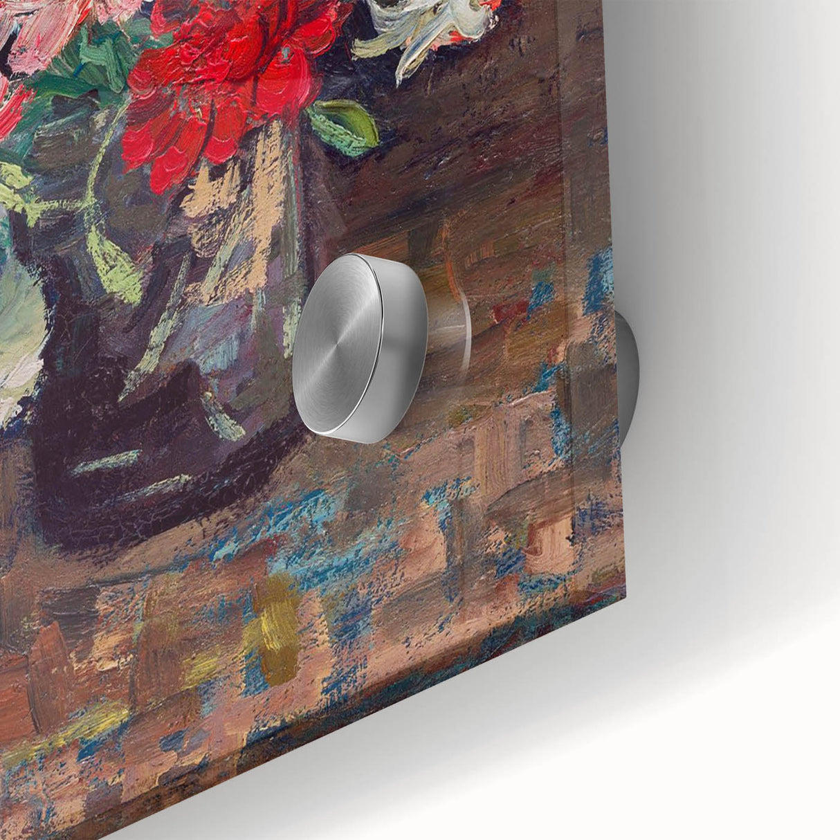 Large abstract wall art on acrylic glass featuring dynamic mid-century modernist style, ideal for dining room decor.