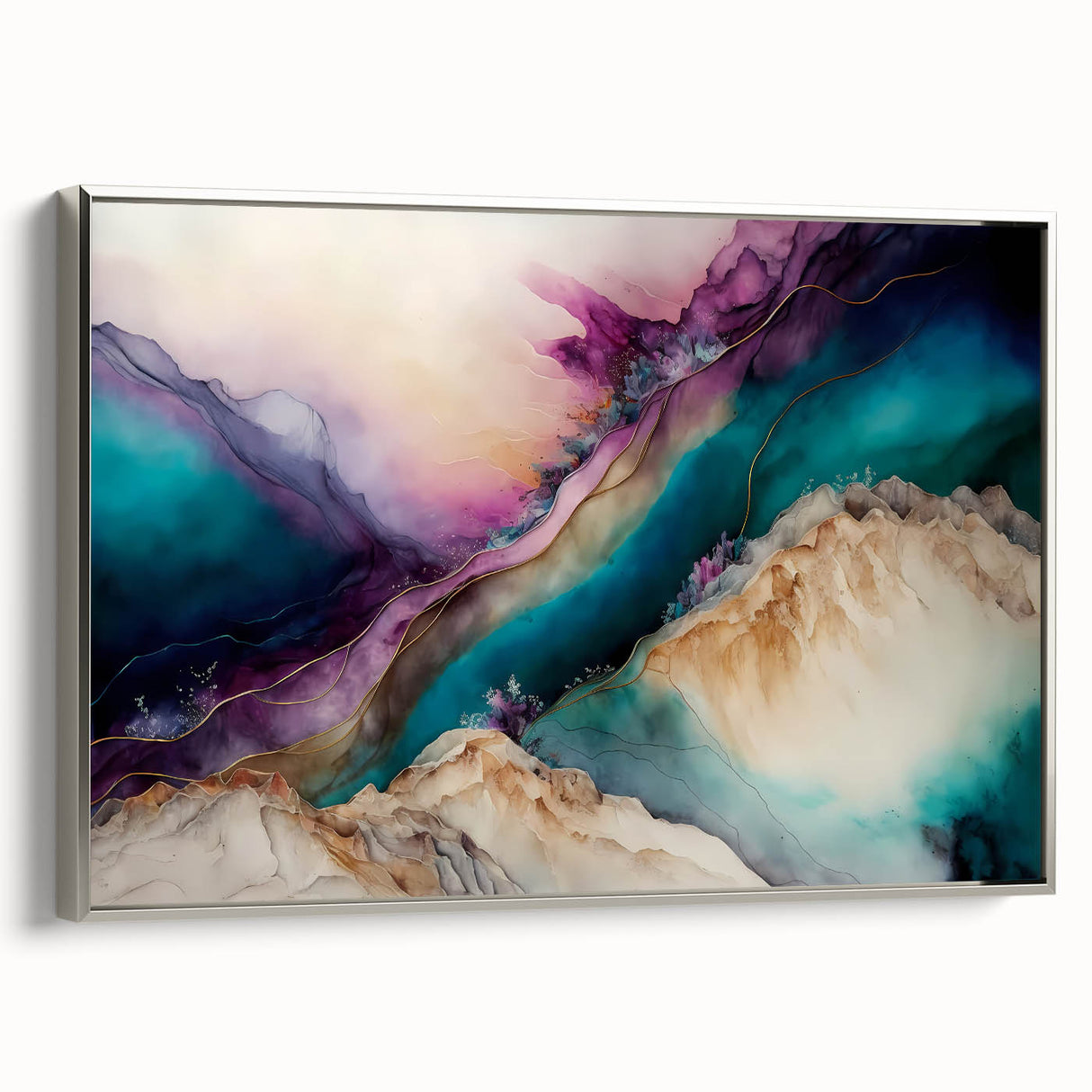 Framed wall art showcasing abstract strokes in silver and gray tones, designed for modern decor, highlighting a sleek side view of the canvas.