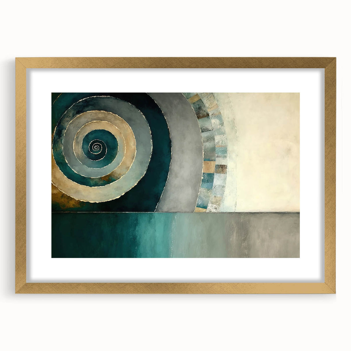 Abstract wall art featuring gold and white strokes in a sleek frame with a mat, designed to enhance modern interiors, showcasing elegance and creativity.