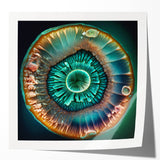 Abstract wall art print showcasing vibrant strokes in blue, orange, and yellow, ideal for modern home decor, displayed in a glossy mockup setting.