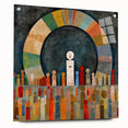 Abstract wall art print showcasing vibrant strokes in shades of blue, pink, and gold, displayed in a side view with decorative pins, ideal for modern decor.