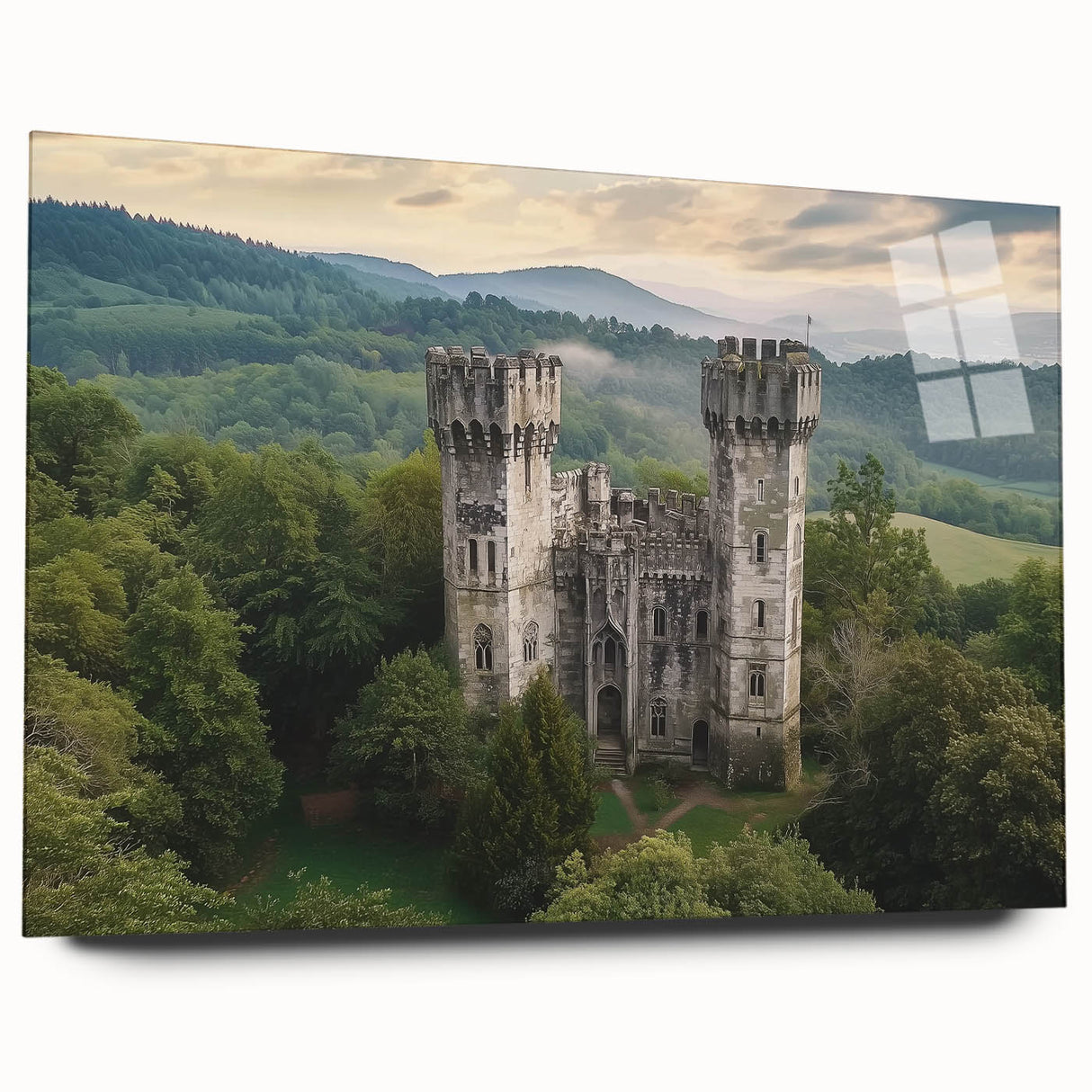 Acrylic glass art piece showcasing a breathtaking side view of a majestic castle surrounded by lush landscapes, perfect for home decor enthusiasts.