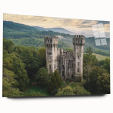 Acrylic glass art piece showcasing a breathtaking side view of a majestic castle surrounded by lush landscapes, perfect for home decor enthusiasts.