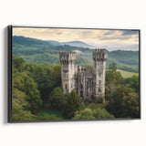 Framed canvas artwork depicting a scenic landscape with a castle, featuring a black frame and side view, perfect for home decor or office ambiance.