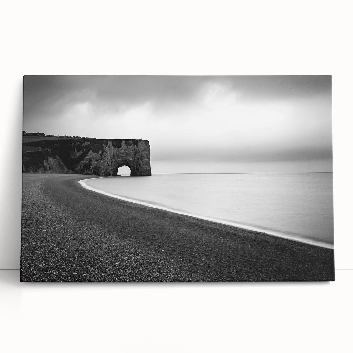 Stretched canvas art depicting a stunning coastal landscape with dramatic cliffs and vibrant blue ocean waves, perfect for modern home decor.