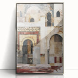 Abstract architectural wall art framed in silver acrylic, showcasing geometric shapes and vibrant colors, perfect for modern home decor or office spaces.