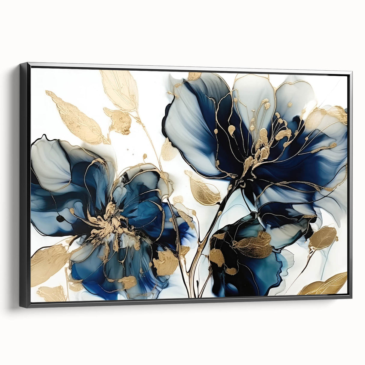 Framed canvas wall art showcasing a vibrant abstract floral design in hues of pink, blue, and green. The piece features a sleek black frame, perfect for modern decor.