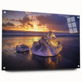 Acrylic glass artwork depicting a serene beach landscape, showcasing vibrant colors and intricate details, displayed in a side view with decorative pins. Perfect for coastal-themed decor.