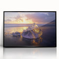 Framed acrylic artwork showcasing a serene beach landscape with vibrant colors, set in a sleek black frame, perfect for enhancing modern home decor.
