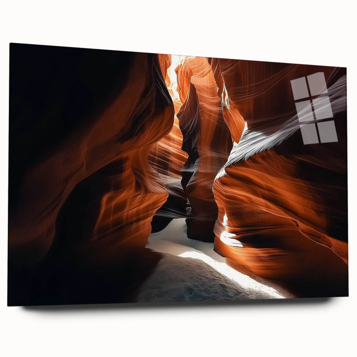 Acrylic glass landscape artwork showcasing vibrant canyon scenery in rich earth tones, presented in a sleek side view without pins, perfect for modern decor.