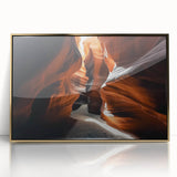 Framed acrylic landscape artwork depicting stunning canyons with gold accents, perfect for modern home decor. Ideal for nature enthusiasts and art collectors.